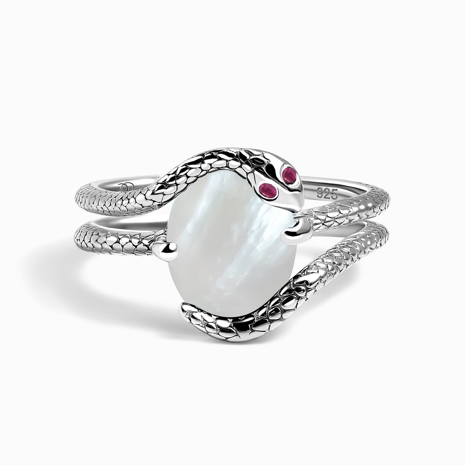 BO-WR-SNAKE-2frontPearl2SIL.jpg Mother of Pearl Ruby Ring - Serpent - Image 1