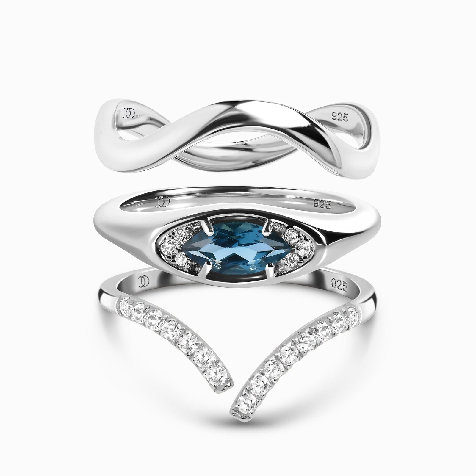 EvilEyeTriobundleSIL.jpg Blue Topaz Evil Eye & Infinite & Waves Rings - Image 1