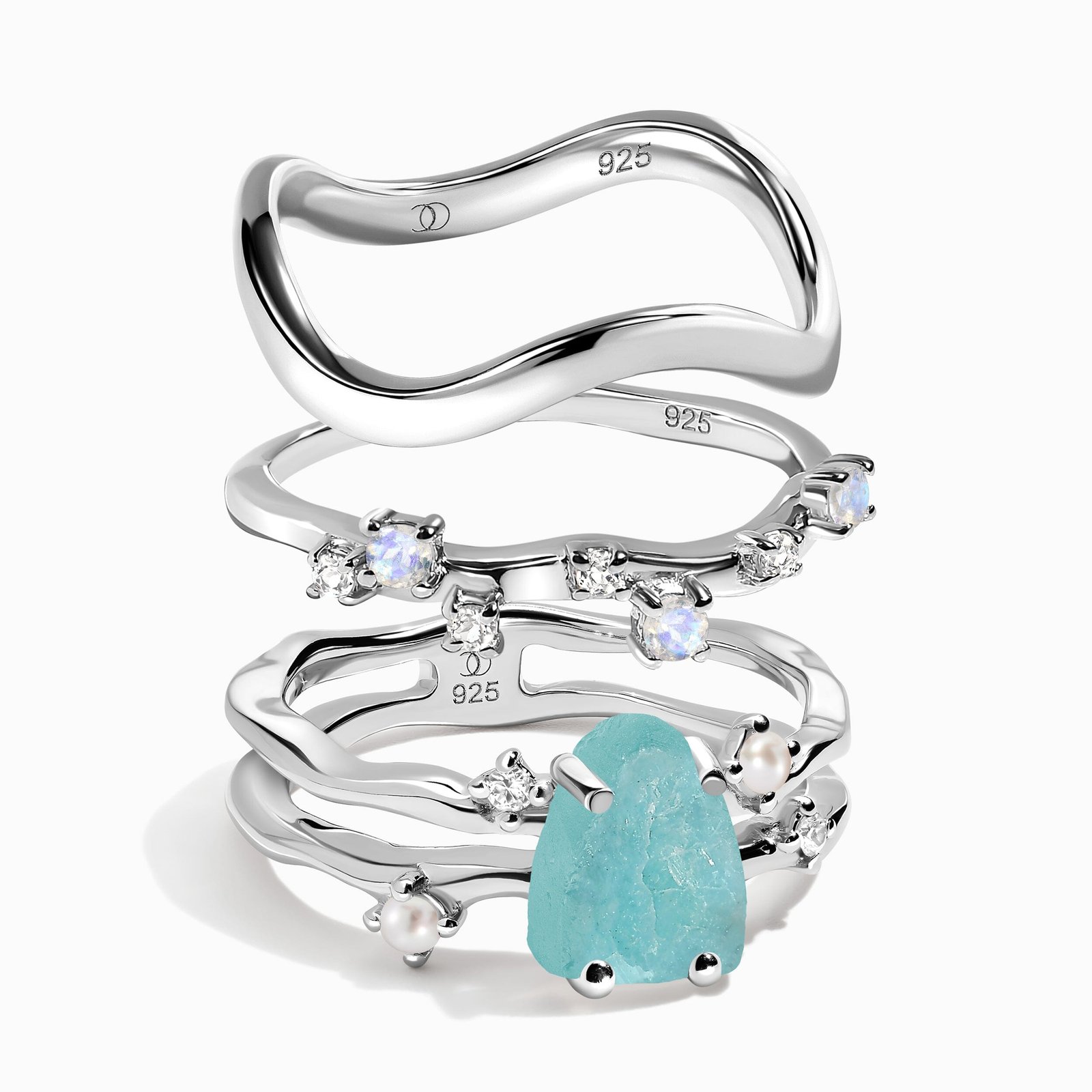 Fl_w_Tri_bundles_AMZ_SIL.jpg Amazonite Flow & Stardust & Waves Rings - Image 1