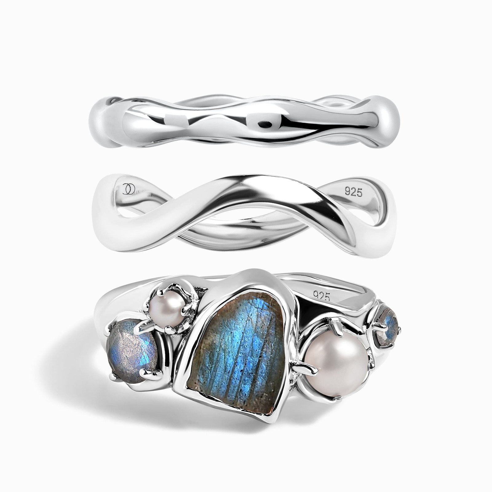 TreasureTriobundlesLABSIL.jpg Labradorite Heirloom & Magma & Waves Rings - Image 1